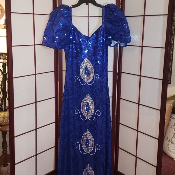 Gorgeous Handcrafted Royal Blue Sequin Maxi Dress - Picture 1 of 7